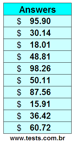 Values in Cents of the Exercises Pg 10